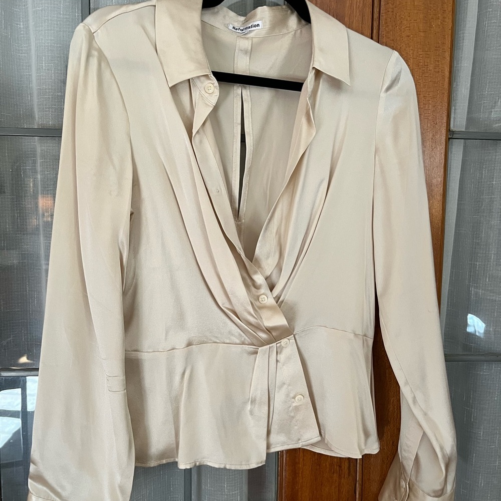 Reformation Cream Wrap Peplum Blouse with Notched Collar